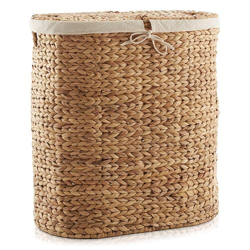 Casafield Oval Laundry Hamper with Lids and Removable Liner Bags - Natural, Woven Water Hyacinth 2-Section Laundry Basket Sorter for Clothes and Towels thumbnail 5