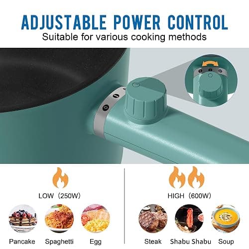 Topwit Hot Pot Electric, 1.5L Ramen Cooker, Non-Stick Frying Pan, Electric Pot for Pasta, Steak, BPA Free, Dual Power Control, Over-Heating & Boil Dry Protection, Green thumbnail 3