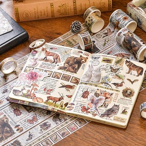Songdao 18 Rolls Vintage Washi Tape Pack Retro Arts Adhesive Tapes Wide Monologue Decorative Masking Tape Sets for Craft, Kids, Scrapbook, DIY, Gift Wrapping (Jungle Trails) thumbnail 6