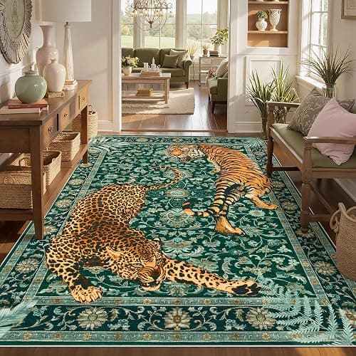 Tiger Print 5x7 Rug Boho Green  thumbnail 8