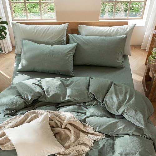 MooMee Bedding Pillowcases Pack of 2 100% Washed Cotton Linen Like Textured Breathable Durable Soft Comfy (Heathered Green, Standard) thumbnail 3
