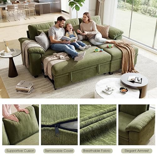 86" Modular Sectional Sleeper Sofa Bed, L Shaped 4 Seat Pull Out Couch with Storage Ottoman, Convertible Cloud Couch Bed, Sectional Couches for Living Room, Apartment (Green) thumbnail 7