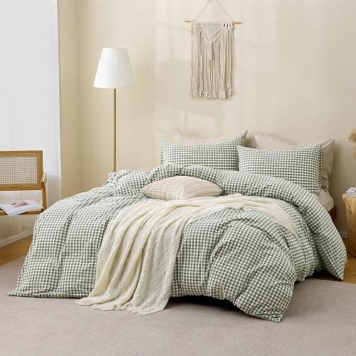 TOCOMOA Green Gingham Duvet Cover Bedding Set 100% Washed Cotton Like Linen Feel Super Soft Comfortable 3 Piece Vintage Plaid Checkered Comforter Cover Set (King 104"x90", Comforter Not Included) thumbnail 2