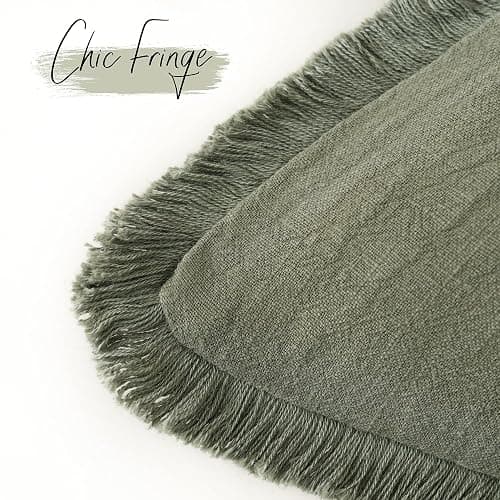 Foindtower Set of 2 Decorative Linen Fringe Throw Pillow Covers Cozy Boho Farmhouse Cushion Cover with Tassels Soft Accent Pillowcase for Couch Sofa Bed Living Room Home Decor, 22×22 Inch, Olive Green thumbnail 4
