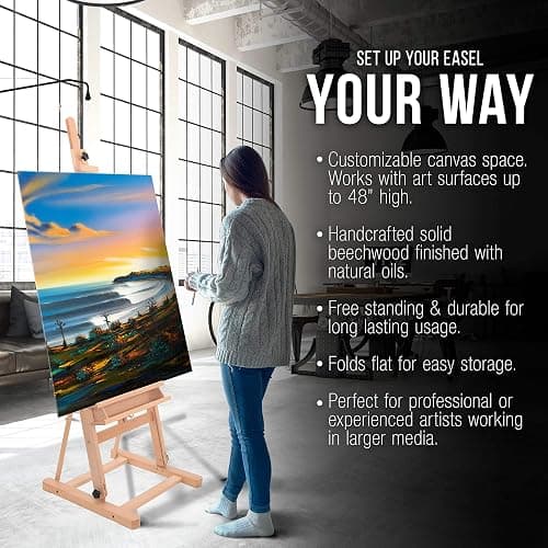 U.S. Art Supply Medium Wooden Studio H Frame Easel with Storage Tray - Adjustable to 96" High, Holds Canvas up to 48" - Beechwood Artist Easel for Painting, Art Display Stand, Portraits thumbnail 4