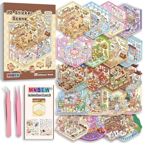 20 Sets DIY 3D Sticker Scene Book for Kids Adults Cozy Room Sticker Therapy | Cute Make Your Own Mini House Miniature Scene Stickers, Gifts for Adult Relief Stress Pass The Time, Hamburg Castle Library - Image 1