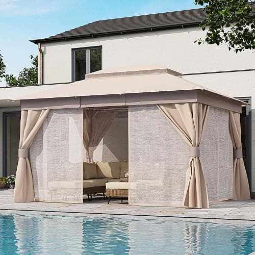 LAUSAINT HOME Semi-permanent Patio Gazebo 10'x13' with Expansion Bolts, Outdoor Heavy Duty Party Shelter with Double Roof, Mosquito Nets and Privacy Screens for Backyard, Garden, Lawn, Champagne Khaki - Image 1