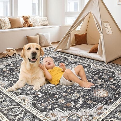 Vintage Living Room Area Rug 8x10 - Large Soft Washable Oriental Traditional Distressed Farmhouse Rugs for Bedroom - Indoor Floor Accent Carpet for Home Office House Decor - Black thumbnail 4