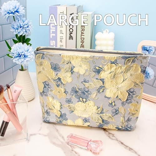 PAZIMIIK Makeup Bag Large Cotton Zipper Pouch for Purse Travel Canvas Make Up Organizer for Women Cosmetic,Brocade Blue - Brocade Blue Flower thumbnail 2