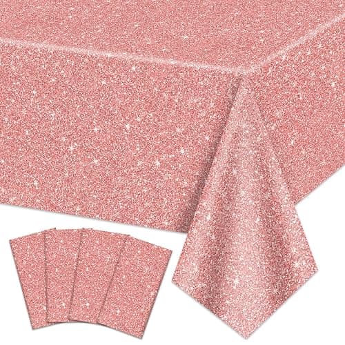 4 Pack Pink Rose Gold Tablecloths, 51x87'' Rose Gold Sequin Printed Plastic Table Cover, Rose Gold Glitter Birthday Background Decorations for Girls Birthday Wedding Graduation Princess Party Supplies - Image 1