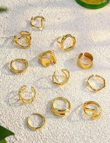 Sanfenly 12 PCS Chunky Gold Rings for Women Non Tarnish 18K Gold Plated Adjustable Statement Ring Knuckle Thumb Stackable Open Rings Set Fashion Jewelry Gifts thumbnail 5