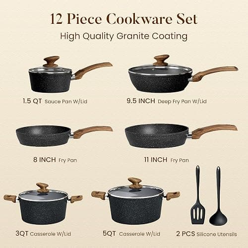 Kitchen Academy Pots and Pans Set Non Stick, 12pcs Induction Cookware | Nonstick Kitchen Cookware Set, Black Granite Cooking Pans, PFOS & PFOA Free, Easy Food Release, Fast & Even Heating thumbnail 7