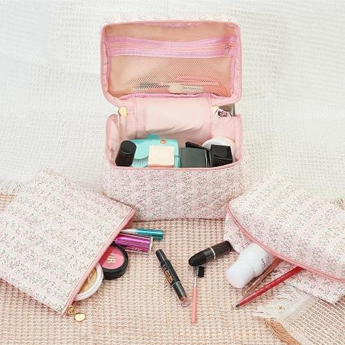 Teiniuby 3Pcs Quilted Pink Floral Makeup Bag Cosmetic Bag for Women Teen Girls,Cute Flowers Make Up Bags,Aesthetic Large Cotton Cosmetic Pouch,Flower Coquette Travel Toiletry Organizer Storage Bag thumbnail 2