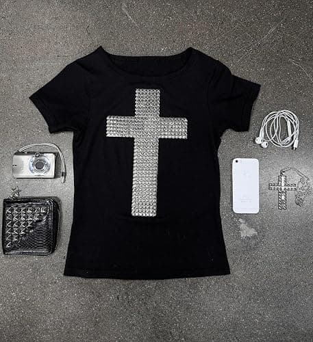 BAIMORE Women's Y2K Gothic Retro Punk 3D Studded Cross Rhinestone Print Slim-Fit Cropped T-Shirt for Streetwear Looks thumbnail 5