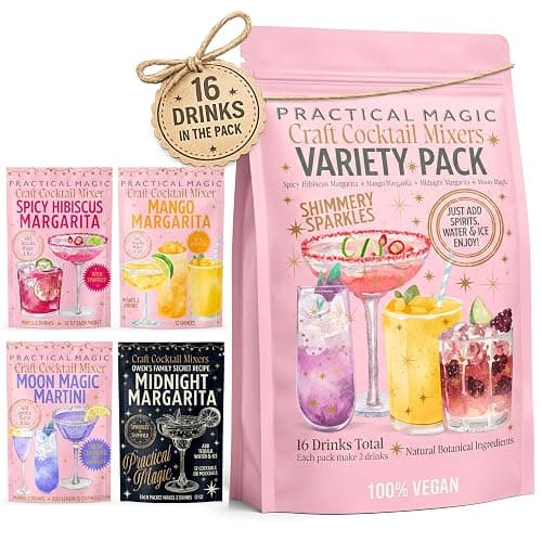 Practical Magic Sparkly Cocktail Mixers Variety Pack w/ Edible Glitter for Drinks, Makes 16 Craft Mix Midnight Margarita & Moon Magic Martinis, Shimmer Pearlescent Luster Dust, Non-Alcoholic Mocktails - Image 1