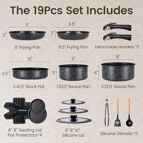 Chef Power Ceramic Nonstick Cookware Set 19 Piece with Detachable Handle, Induction Dishwasher Oven Safe Pans and Pots Set, RV Kitchen Set Removable Handle, Rock Stone Black thumbnail 3