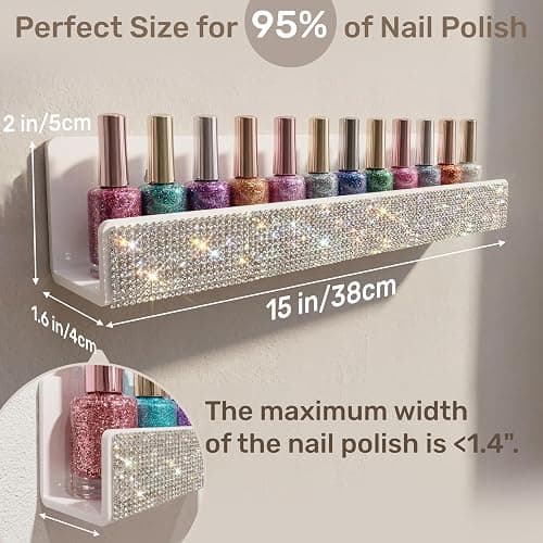 YMVV Nail Polish Wall Shelf - 15-Inch Diamond Crystal Display & Organizer Rack, Holds 60+ Polishes, Soft Ledge for Bedroom, Bathroom, Salon,6 Pack thumbnail 3