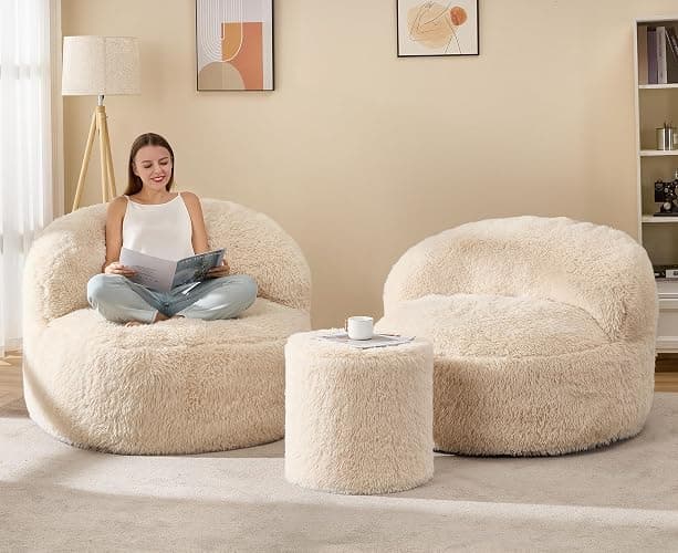 Hobestluk Bean Bag Chair Big Bean Bag Chairs for Adults Giant Adult Bean Bag Chair with Foam Filler Large Beanbags with Stuffed Back Lazy Sofa, White-Standard thumbnail 5