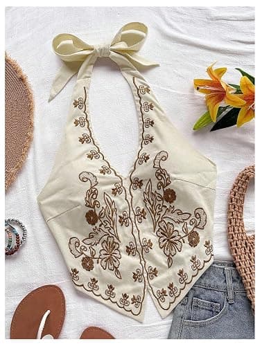 OYOANGLE Women's Summer Boho Halter Tops Western Tops Country Concert Tops | Halter,Embroidery,Backless,Bandana Top,Country Concert Outfits for Women,Festival,Vintage Tank Top thumbnail 5