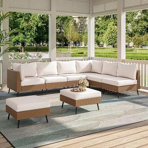 LAUSAINT HOME Outdoor Patio Furniture, 8 Piece Outdoor Sectional Sofa PE Rattan Wicker Patio Conversation Sets,All Weather Patio Furniture Set with Thick Cushions for Garden, Poolside, Backyard(Beige) thumbnail 6