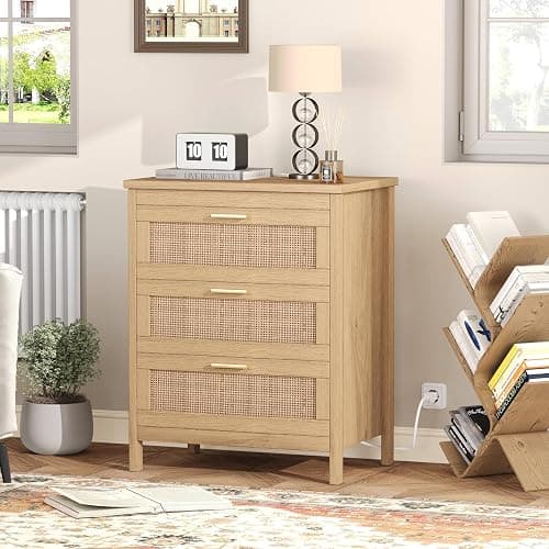 Keehusux Rattan Nightstand with Charging Station, 23.6" Wide Bedside Table with 3 Drawers, Boho Night Stand with Metal Handles, Accent End Table for Bedroom, Guest Room, Natural thumbnail 4