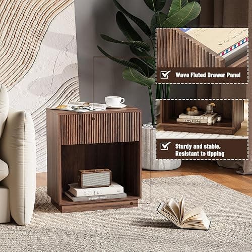 Fluted Nightstands Set of 2, Modern Bedside Table with Storage Drawer and Open Wood Shelf, Wood End Table Mid Century Night Stands for Bedroom Living Room Sofa Couch Office Walnut Brown thumbnail 4