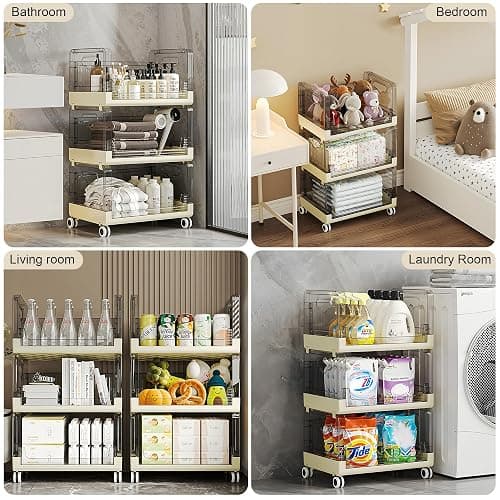 VECELO 3-Tier Fruit and Vegetable Basket, Stackable Kitchen Storage Organization with Wheels, Plastic Rolling Cart with Handles, Wide Open for Kitchen, Pantry, Living Room thumbnail 6