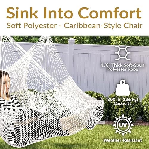 Sunnydaze Outdoor Hammock Chair Swing for Reading - Hanging Hammock Swing for Indoor or Patio - 300lb Capacity - Caribbean XL - White thumbnail 3