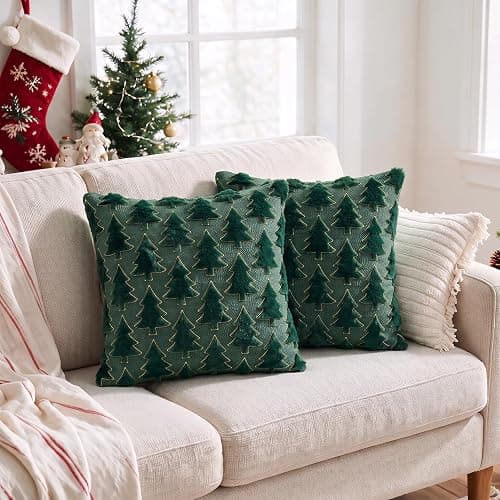 AVOIN colorlife Christmas Tree Green Throw Pillow Covers 18x18 Inch 2PC | Gold Border Christmas Tree Festivals Winter Soft Plush Faux Fur Cushion Case Decoration for Sofa Couch Set of 2 thumbnail 2