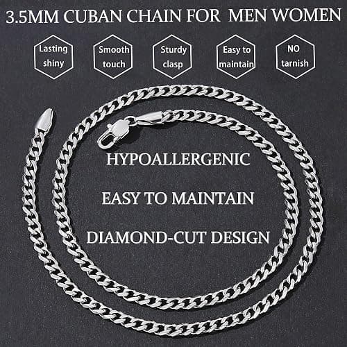 Fiusem 3.5mm Cuban Link Chains for Men, Silver Tone/Black/14K Gold Plated Stainless Steel Necklace Chain, Mens Necklace 16, 18, 20, 22, 24, 26, 28 Inch thumbnail 5