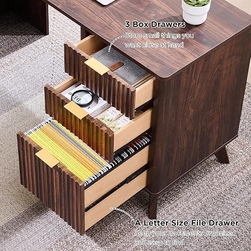 T4TREAM Fluted Executive Desk with Drawers, 60" Modern Home Office Computer Desk with Charging Station, File Cabinet, Keyboard Tray and Storage Cabinet for Study, Living Room, Bedroom, Dark Walnut thumbnail 6