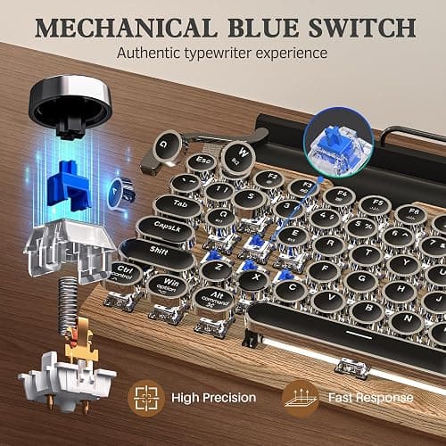 Retro Typewriter Keyboard Wireless, Mechanical Gaming Vintage Keyboard 83-Key Blue Switches Bluetooth 5.0 Punk Round Keycap, 14 Modes LED Backlight, Type-C, Compatible with PC/Laptop/Pad/Phone, Wood thumbnail 2