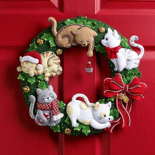 Bucilla, Holiday Housecats Felt Applique Wreath Making Kit, Perfect for DIY Needlepoint Arts and Crafts, 89490E thumbnail 2