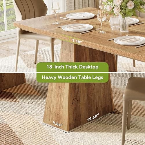LITTLE TREE Dining Table for 6 People, Wooden Dining Table, Rectangle Table with Heavy Duty Legs, Modern Dining Table for Kitchen, Dining Room, Light Brown thumbnail 6