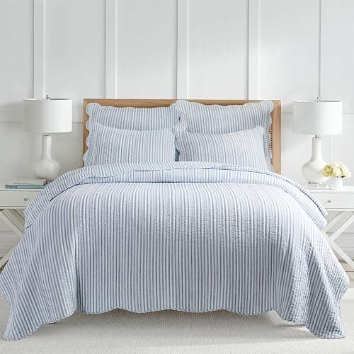 Levtex Home - Martha Stripe Quilt Set - Full/Queen Quilt and Two Standard Shams - Stripe - Blue White - Quilt (88x92in.) and Shams (20x26in.) - Reversible - Cotton - Image 1