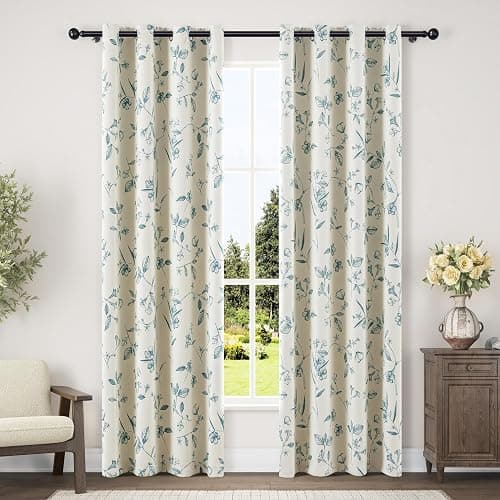 ChrisDowa Beige 100% Blackout Floral Curtains 84 Inches Long 2 Panels for Bedroom Living Room Teal Flower Patterned Room Darkening Thermal Insulated Soundproof Grommet Window Treatments Drapes,52X84 - Image 1