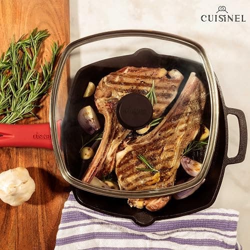 Cuisinel Cast Iron Grill Pan + Rectangular Cast Iron Grill Press + Tempered Glass Lid + Pan Scraper – Pre-Seasoned Ribbed Skillet – 10.5"-Inch Square Grilling Indoor/Outdoor Camping Fire BBQ Cookware thumbnail 2