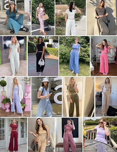 Ekouaer Women's 2 Piece Lounge Sets Short Sleeve Pajama Set Ribbed Knit Crop Top Wide Leg Pants Loungewear S-XXL thumbnail 5