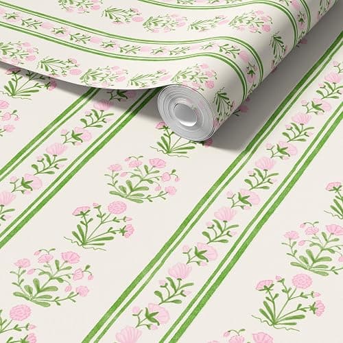 RollsRolla Green Stripe Peel and Stick Wallpaper Featuring Pink Floral, Vintage Farmhouse Inspired Renter Friendly Wallpaper, Cute and Whimsical Style for Girls Room, Bathroom, Laundry Room thumbnail 2