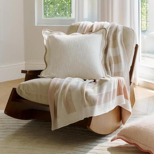 Double Stitch Scalloped Throw Pillow Covers - 100% Cotton Set of 2 Decorative Boho Pillow Covers 20 x 20, Made in India, Square Cushion Case, Modern Home Decor for Couch Sofa Living Room, Cream thumbnail 2