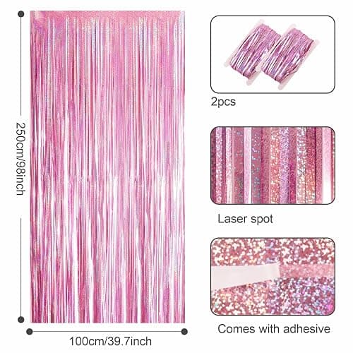 YAAVAAW 2pcs 3.2 x 8.3ft Glitter Pink Tinsel Curtain Foil Fringe Curtain Backdrop Party Streamers Curtain Photo Backdrop Decorations for Birthday School Graduation Hen Girls Party Decorations Pink thumbnail 3