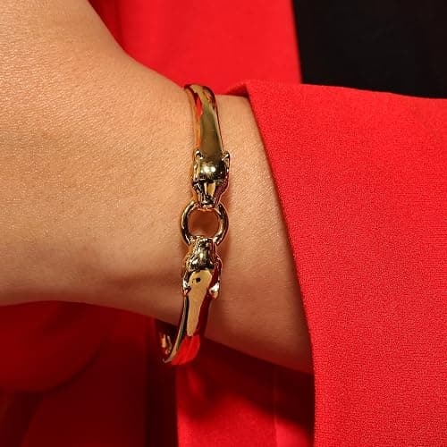 GOLD TROVE Stainless Steel Animal Head Bangle Bracelet for Women | Gold Plated Panther/Leopard Design Hinged Cuff | Polished Non Tarnish Fashion Jewelry Gift for Her thumbnail 3
