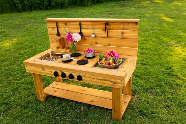 Noble Toys XL Cedar Outdoor Mud Kitchen Centered with Backsplash and Stovetop for Toddlers Kids | Pretend Play Table | Sensory Table | Outside Playset | Real Wooden Kitchens | Preschool Equipment thumbnail 4