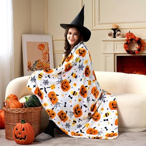 Joiedomi Halloween Throw Blanket - Soft Plush Spider Webs Bat Pumpkin Blanket - Cozy Flannel White Halloween Decoration for Party Sofa Bed Living Room 50"x60" thumbnail 3