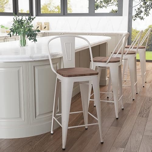 Aklaus Metal Bar Stools Set of 4,26 inch Barstools Counter Height Bar Stool with Backs Farmhouse Bar Stools with Larger seat High Back Kitchen Dining Chairs Modern Bar Chairs White Cream Stool - Image 1