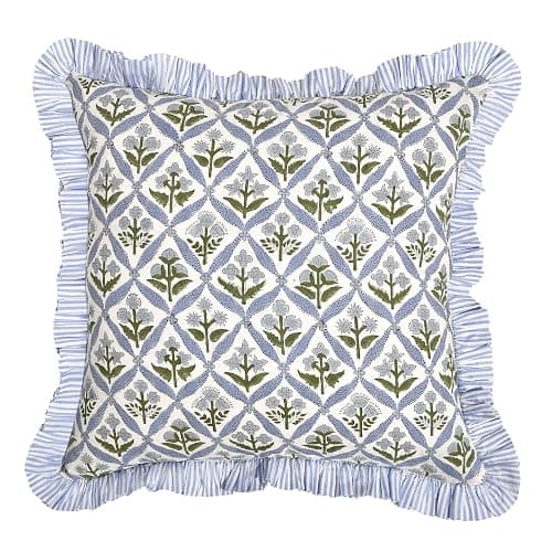 Ridhi Light Steel Blue Floral Block Print Throw Pillow Covers 18 x 18 Inch | Set of 2 100% Cotton Cushion Covers with Ruffle Edge, Zipper closure,Farmhouse Boho Decor for Sofa,Couch, Bed & Living Room thumbnail 7
