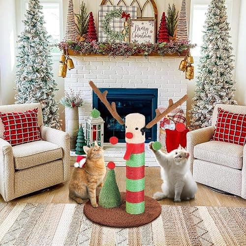 BOLUO Christmas Cat Scratching Post Deer Cat Trees for Adult Cats Scratcher Cute Toy Kitten Kitty Sisal Scratch with Teaser Ball Indoor 25 inch thumbnail 9