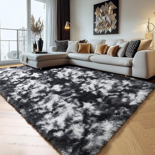 Amdrebio Black White Grey Rugs for Living Room Bedroom, 8x10 Large Fluffy Shaggy Furry Area Rug for Kids Room Dorm Home Office Apartment, Fuzzy Shag Plush Floor Modern Cool Carpet for Men Teen Boys thumbnail 4
