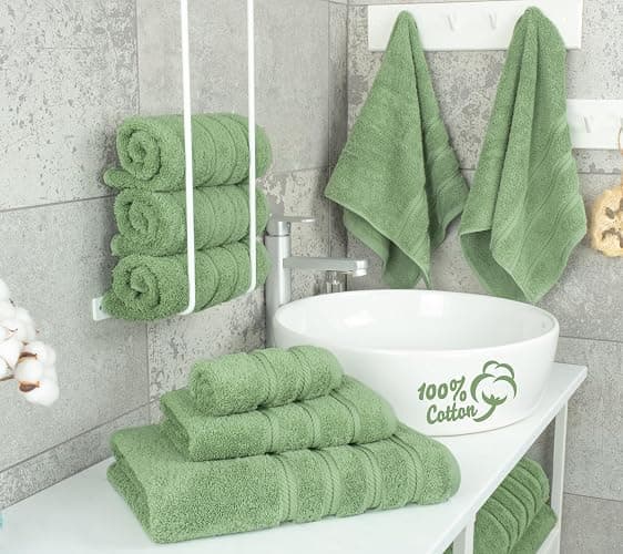American Soft Linen Luxury 6 Piece Towel Set, 2 Bath Towels 2 Hand Towel 2 Washcloths, 600 GSM 100% Cotton Turkish Towels for Bathroom, Sage Green Towel Sets thumbnail 2