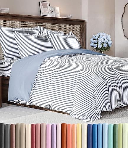 Duvet Cover Full Size Set - Extra Soft Full Duvet Cover 80" x 90" with 2 Pillow Shams for Women, Men, Kids & Teens - Hotel Luxury w/ Zipper Closures & Ties - Comfy, Cozy & Breathable (Blue Stripes) - Image 1